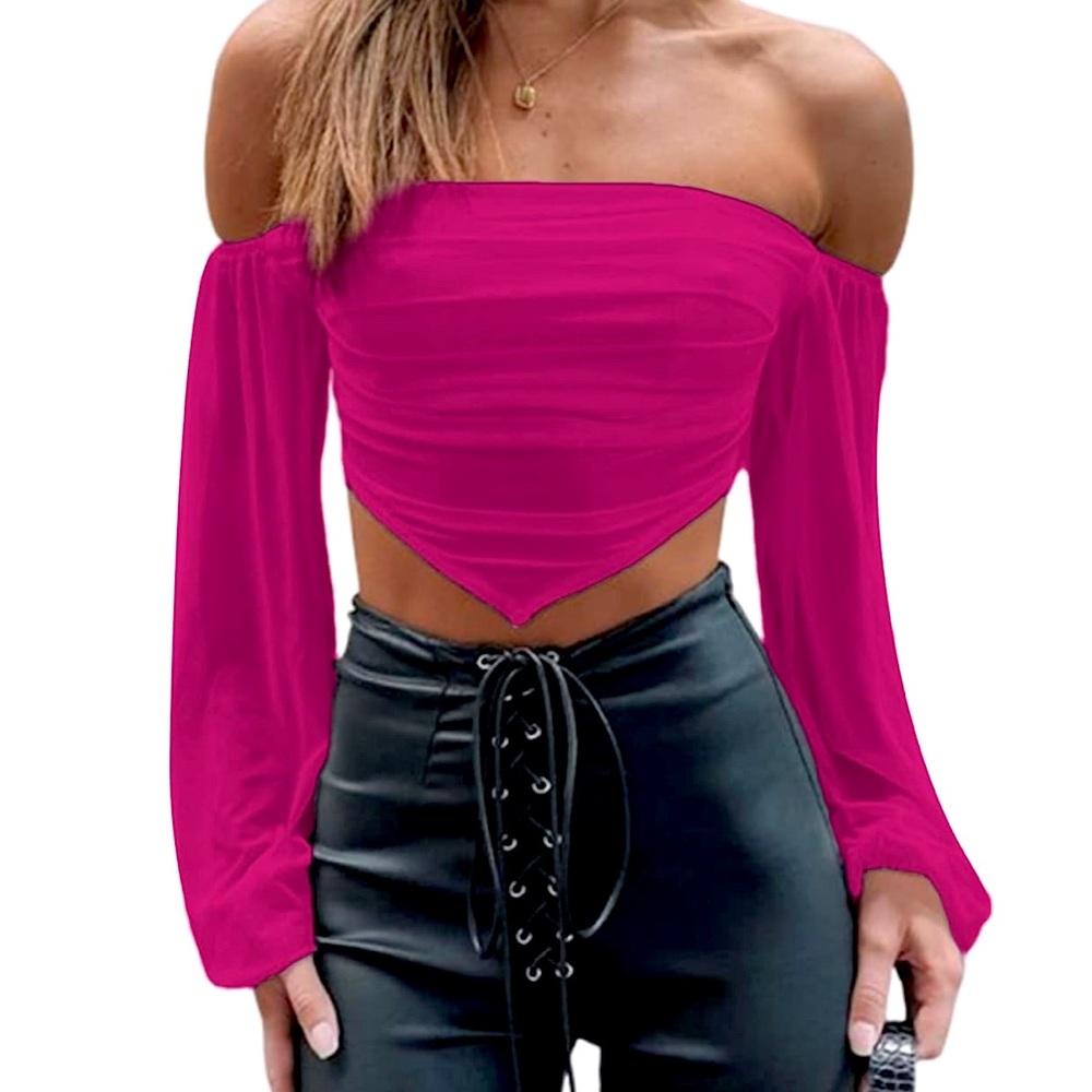 Avanova Women's Off Shoulder Asymmetrical Hem Slim Long Sleeve Crop Pink Medium